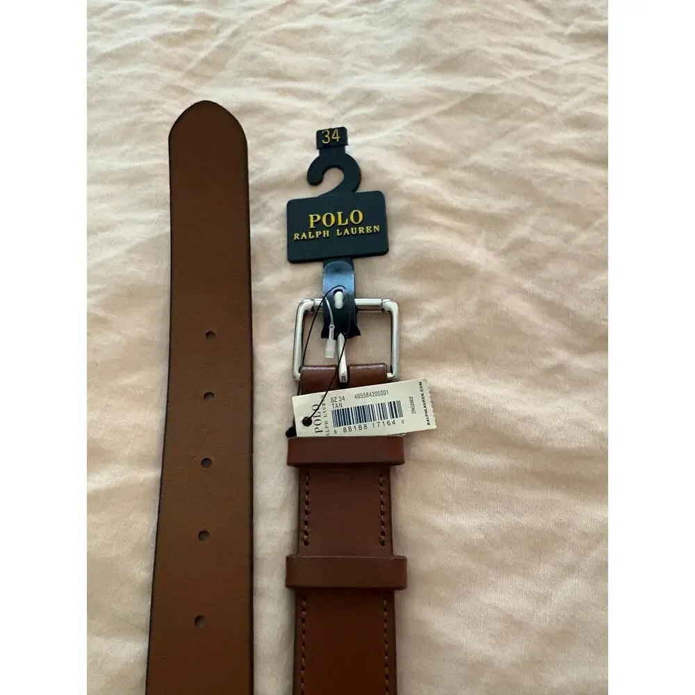 Polo Ralph Lauren Tan Leather Belt Classic Preppy Old Money Quiet Luxury Silver